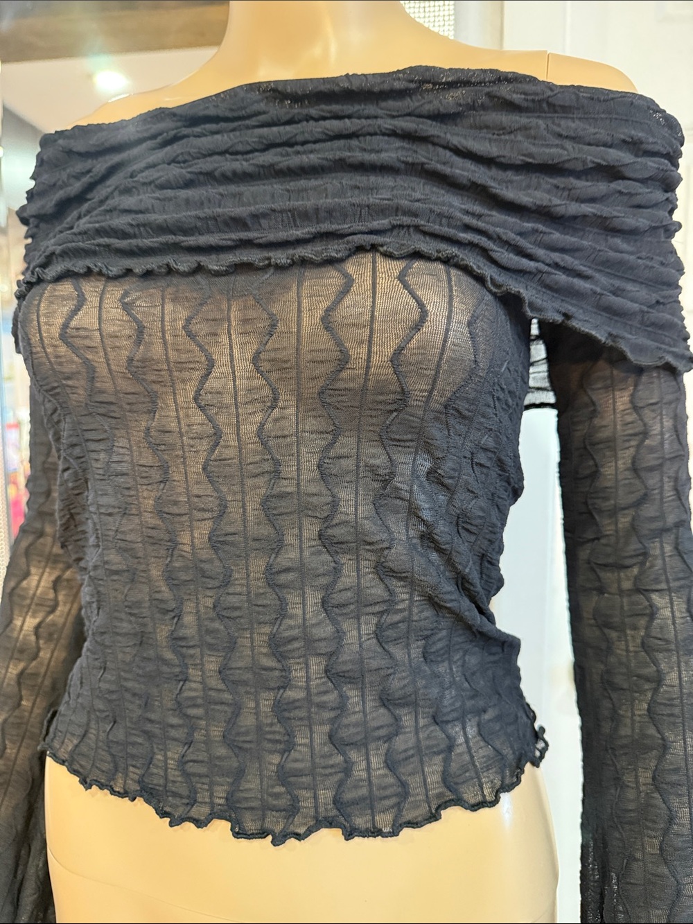 Off-Shoulder Sheer Textured Top - Black